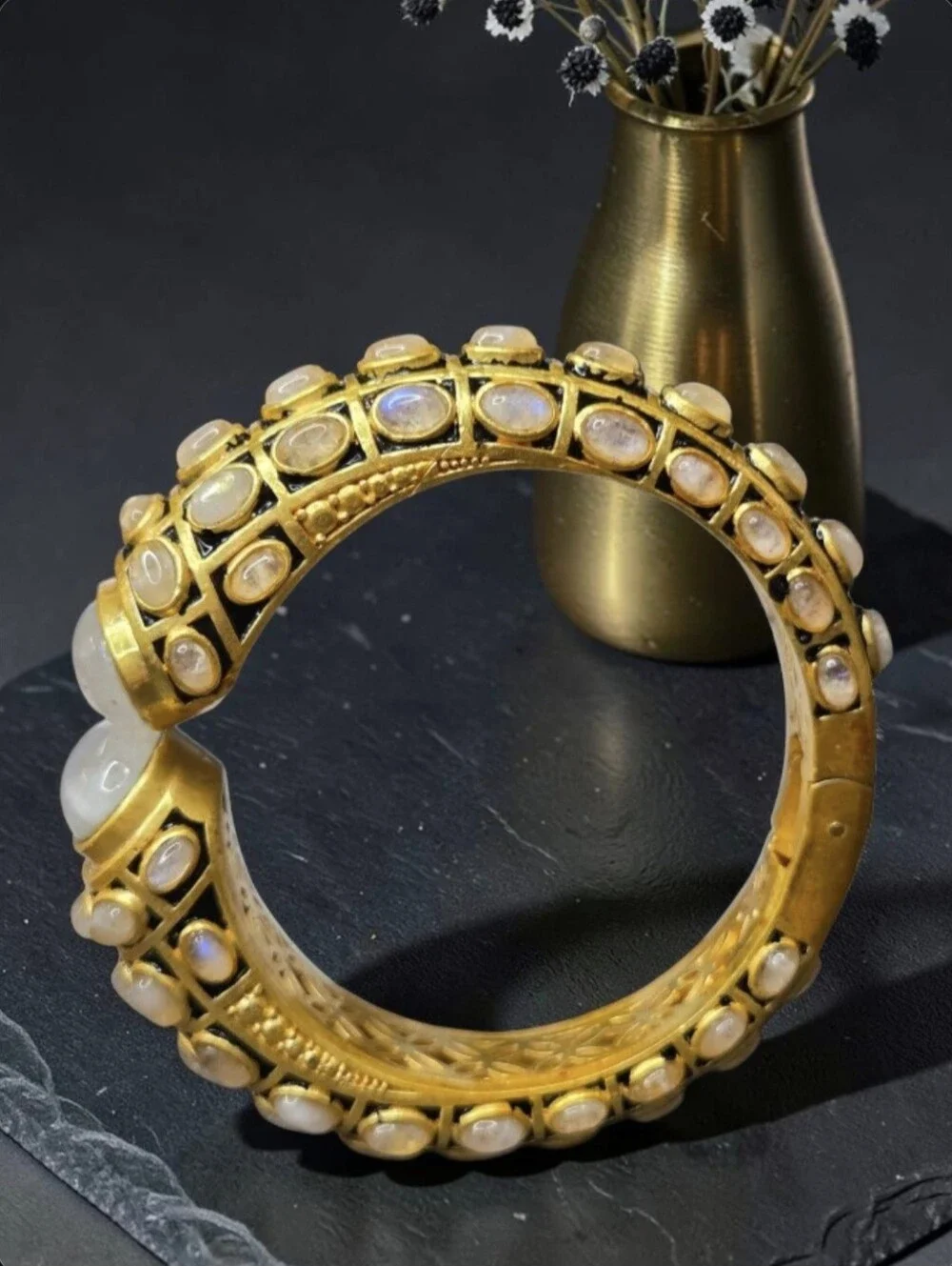 24k Gold Plated Artisan Flash Moonstone Onyx Enamel Oversized Clamper Bracelet